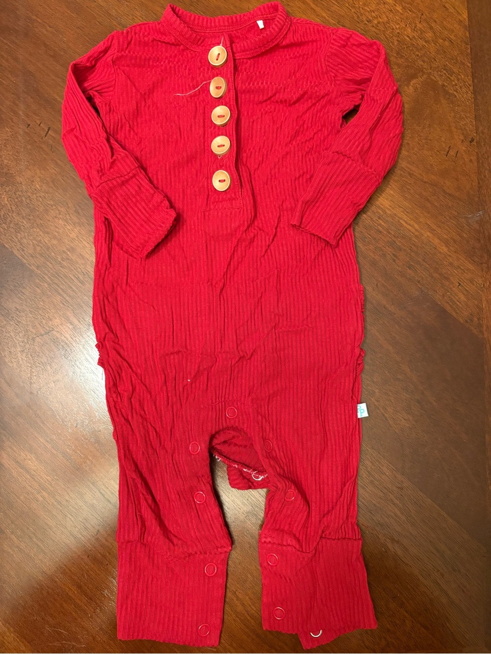 Posh Peanut Red Ribbed Long-Sleeve One-Piece with Wooden Buttons